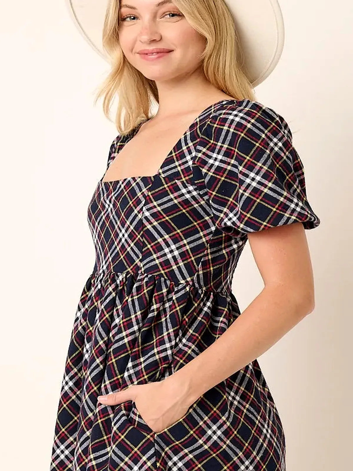 Checkered Print Puff Sleeve Babydoll Mini Dress – photo 4