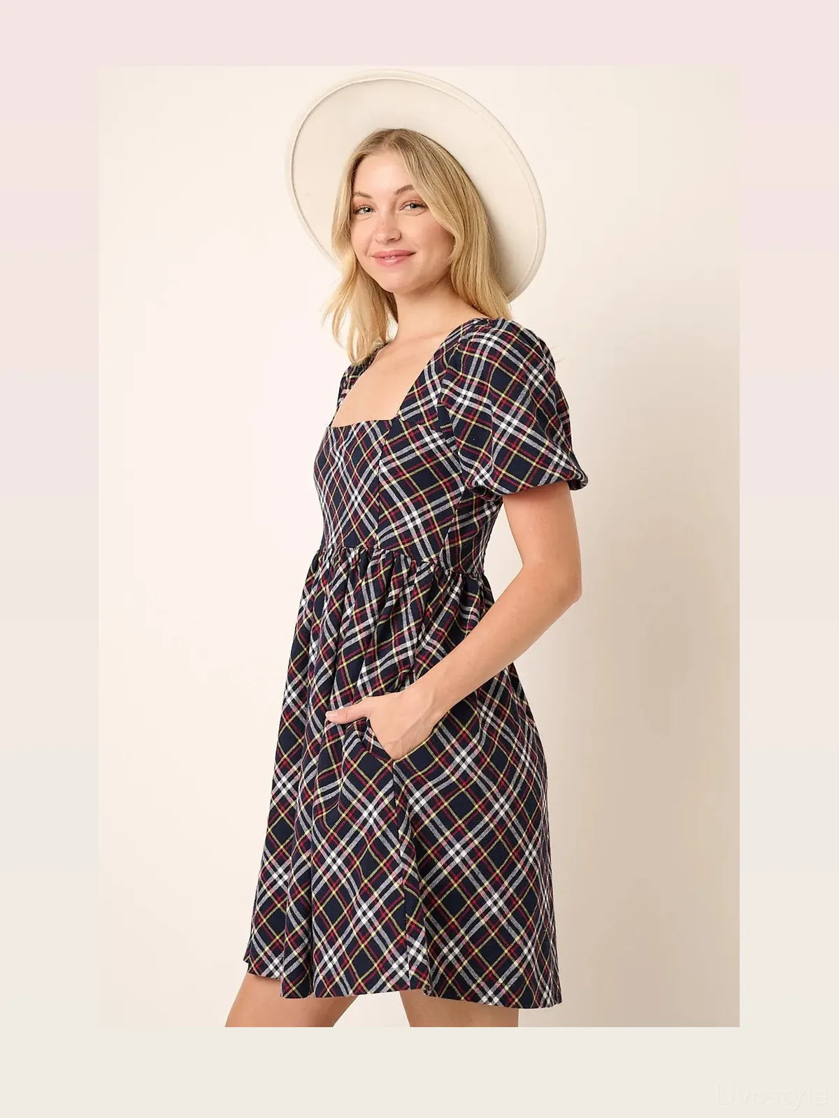 Checkered Print Puff Sleeve Babydoll Mini Dress – photo 3