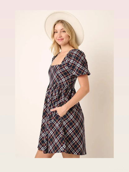 Checkered Print Puff Sleeve Babydoll Mini Dress – photo 3