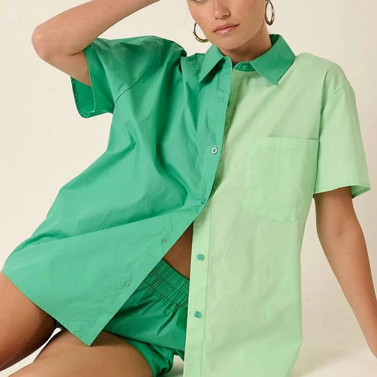 Color Block Short Sleeve Shirt and Shorts Set — square view — Livostyle