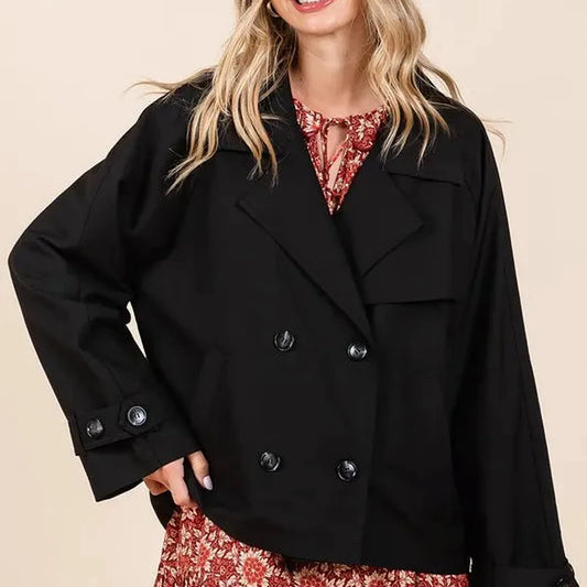 Double Breasted Long Sleeve Trench Coat Jacket in Black Flor — square view — Livostyle