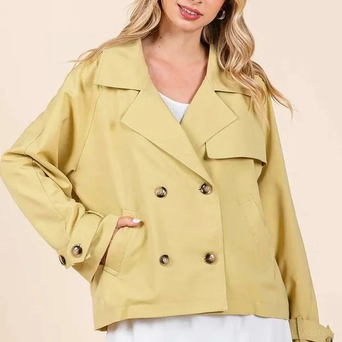 Double Breasted Long Sleeve Trench Coat Jacket — Cropped Yel — square view — Livostyle
