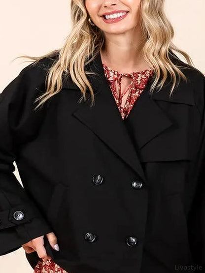 Double Breasted Long Sleeve Trench Coat Jacket in Black Flor — detail view — Livostyle