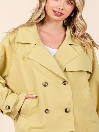 Double Breasted Long Sleeve Trench Coat Jacket — Cropped Yel — detail view — Livostyle