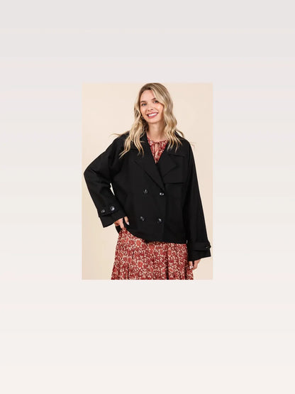 Double Breasted Long Sleeve Trench Coat Jacket in Black Flor — styled showcase — Livostyle