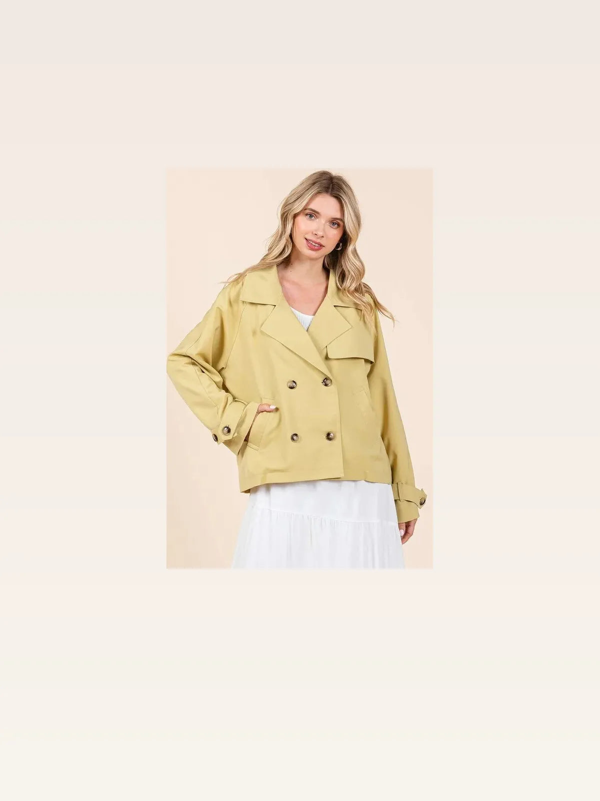 Double Breasted Long Sleeve Trench Coat Jacket — Cropped Yel — styled showcase — Livostyle