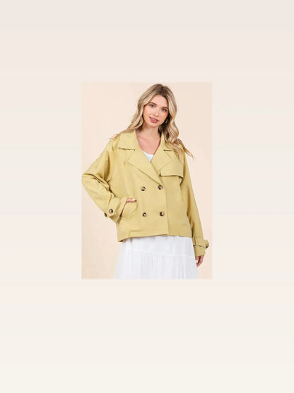 Double Breasted Long Sleeve Trench Coat Jacket — Cropped Yel — styled showcase — Livostyle