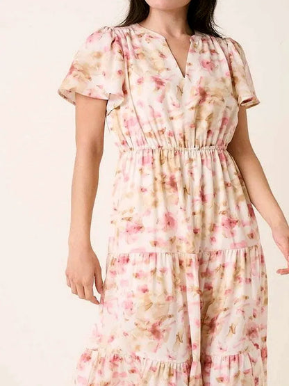 Flower Print Flutter Sleeve V Slit Maxi Dress — detail view — Livostyle