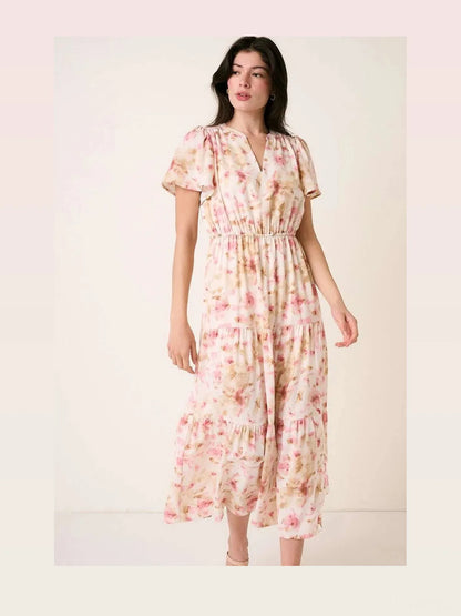 Flower Print Flutter Sleeve V Slit Maxi Dress — styled showcase — Livostyle