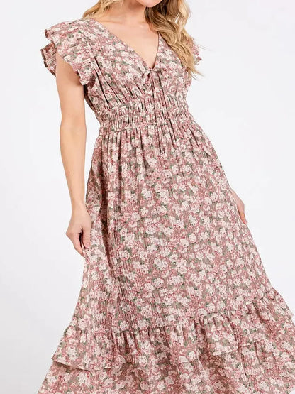 Flower Print Ruffle Cap Sleeve V-neck Midi Dress in Mauve — detail view — Livostyle