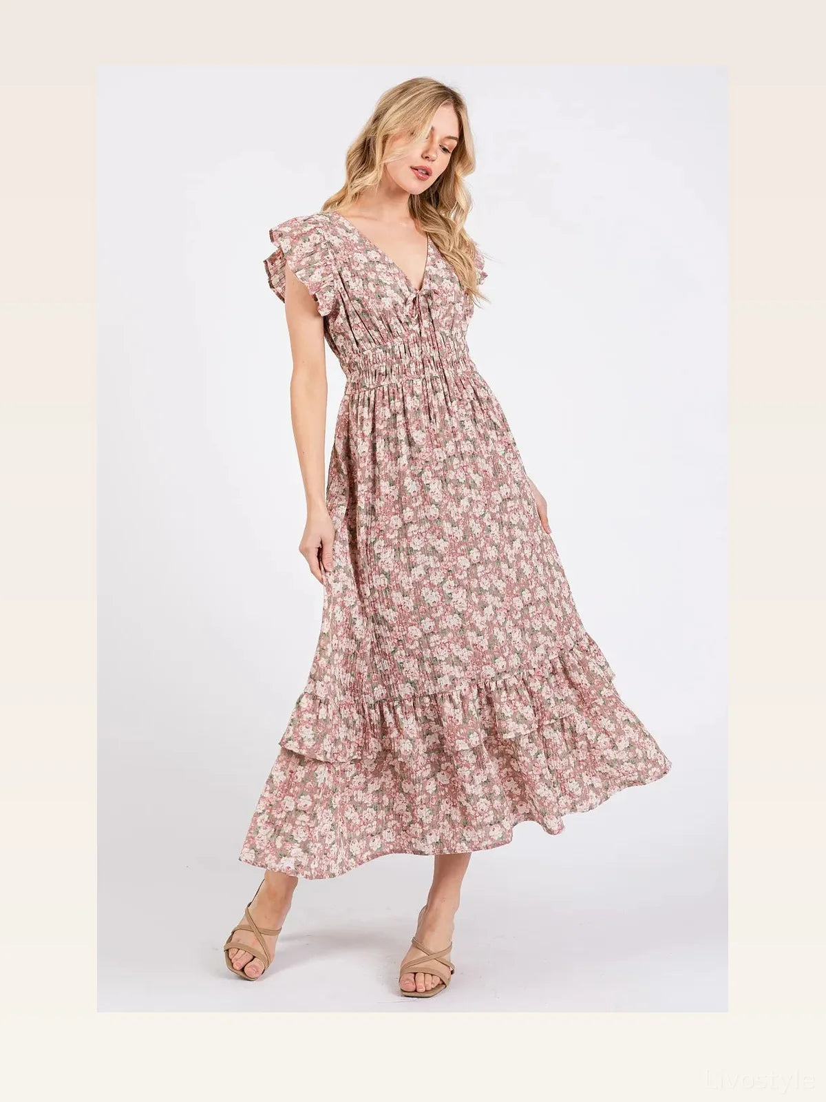 Flower Print Ruffle Cap Sleeve V-neck Midi Dress in Mauve — styled showcase — Livostyle