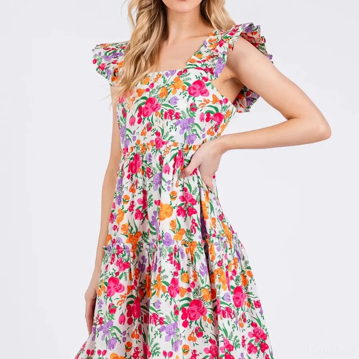 Flower Print Ruffle Shoulder A-line Mini Dress — square view — Livostyle