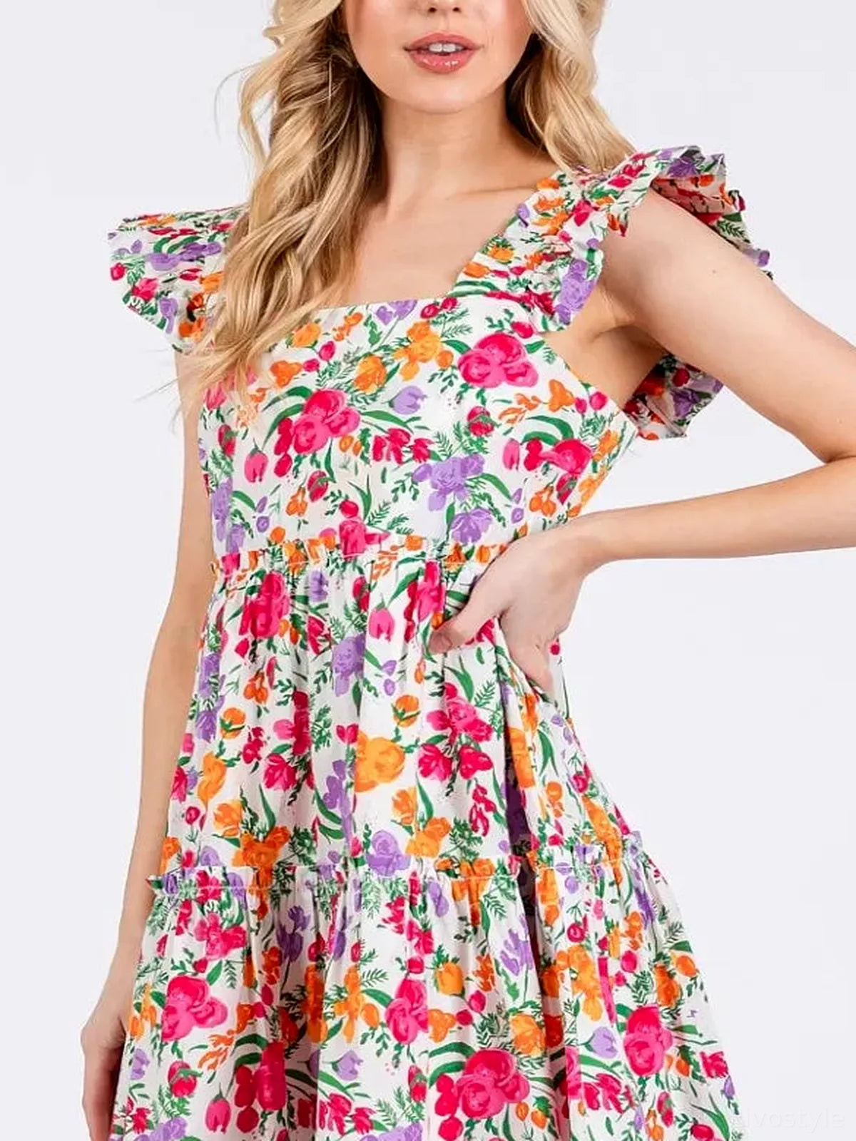 Flower Print Ruffle Shoulder A-line Mini Dress — detail view — Livostyle