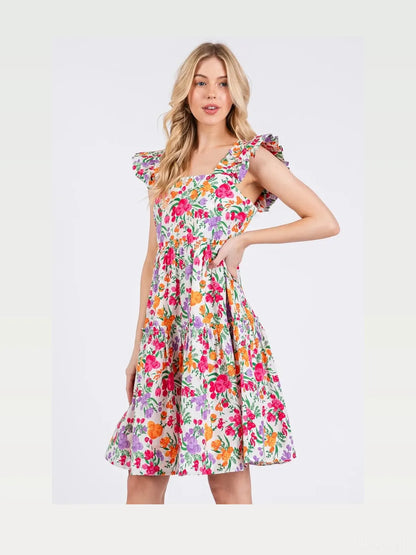Flower Print Ruffle Shoulder A-line Mini Dress — styled showcase — Livostyle
