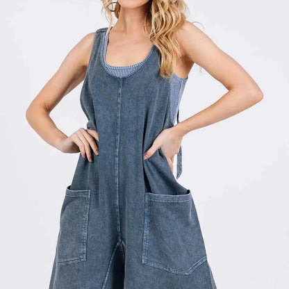Blue Denim Scoop Neck Sleeveless French Terry Tank Romper — square view — Livostyle