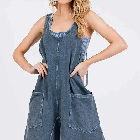 Blue Denim Scoop Neck Sleeveless French Terry Tank Romper — square view — Livostyle