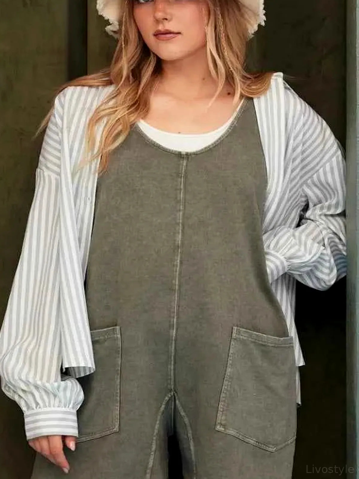Olive Striped Scoop Neck Long Sleeve French Terry Romper — detail view — Livostyle