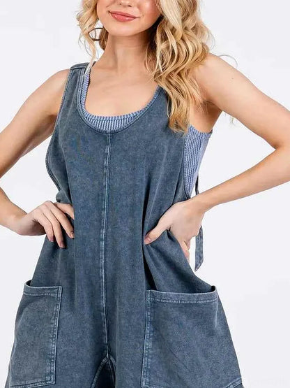 Blue Denim Scoop Neck Sleeveless French Terry Tank Romper — detail view — Livostyle