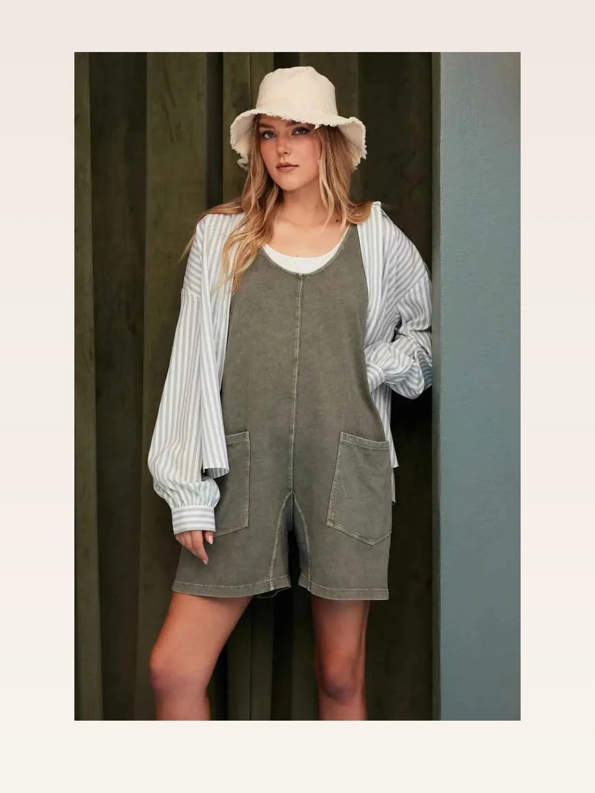 Olive Striped Scoop Neck Long Sleeve French Terry Romper — styled showcase — Livostyle