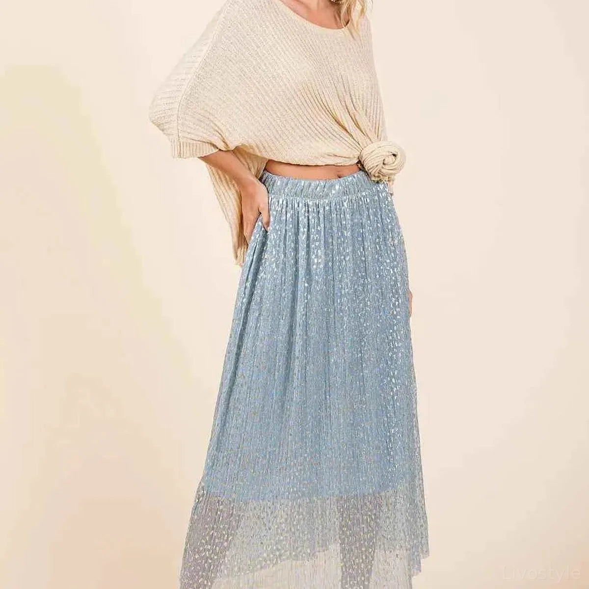 Metallic Glitter Speckle Print Elastic Midi Skirt — square view — Livostyle