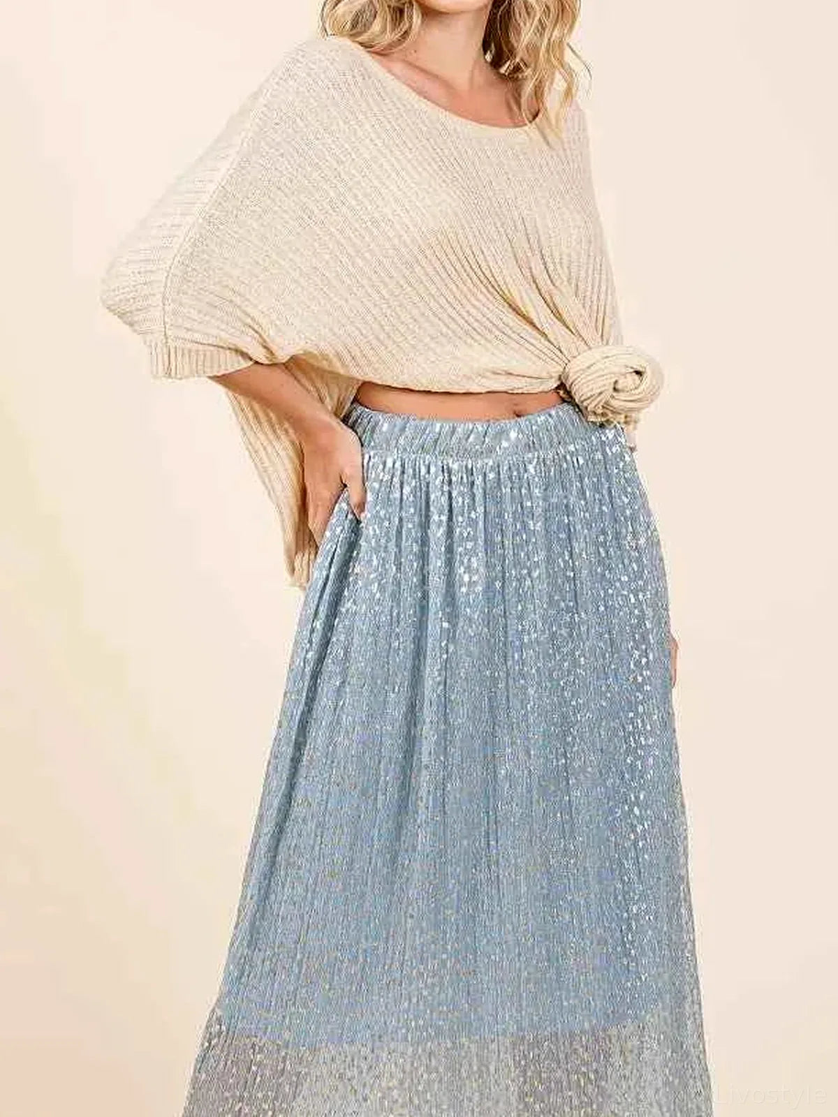 Metallic Glitter Speckle Print Elastic Midi Skirt — detail view — Livostyle