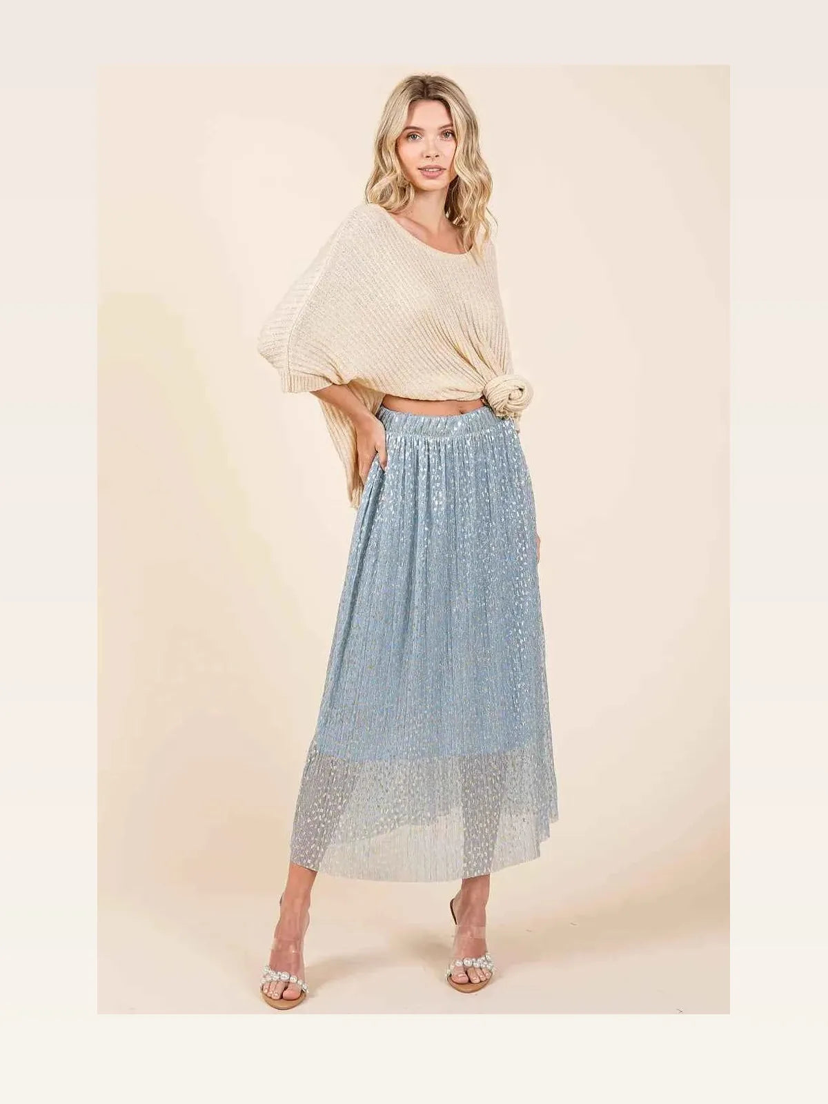 Metallic Glitter Speckle Print Elastic Midi Skirt — styled showcase — Livostyle