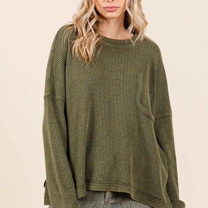 Mineral Wash Cutout Pocket Long Sleeve Waffle Top — square view — Livostyle