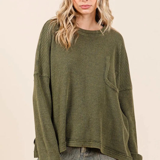 Mineral Wash Cutout Pocket Long Sleeve Waffle Top — square view — Livostyle