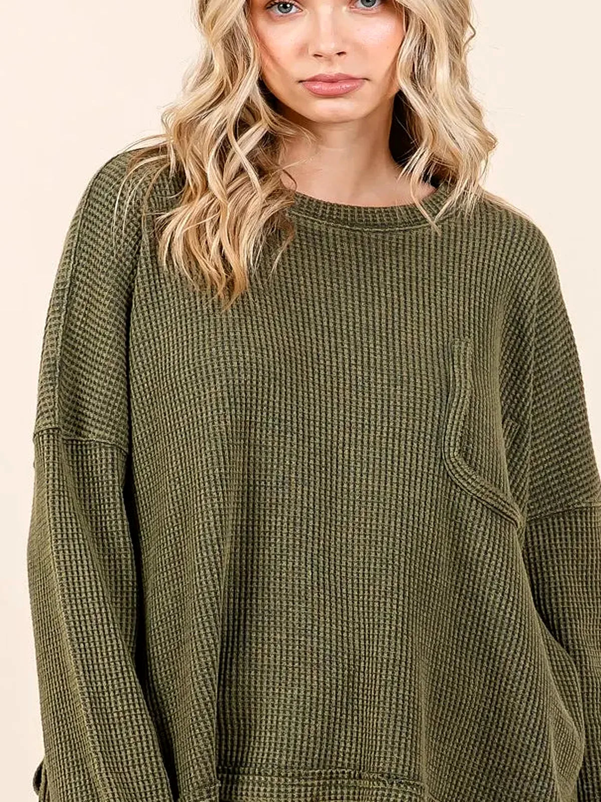 Mineral Wash Cutout Pocket Long Sleeve Waffle Top — detail view — Livostyle