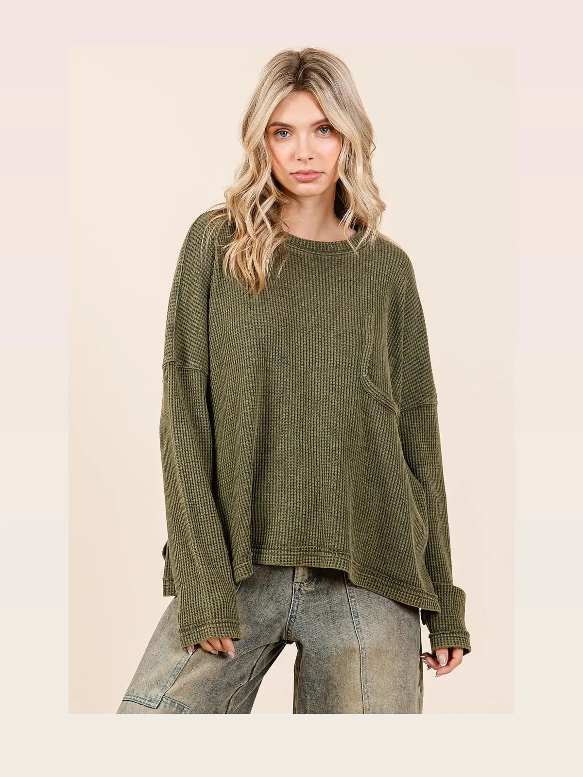 Mineral Wash Cutout Pocket Long Sleeve Waffle Top — styled showcase — Livostyle