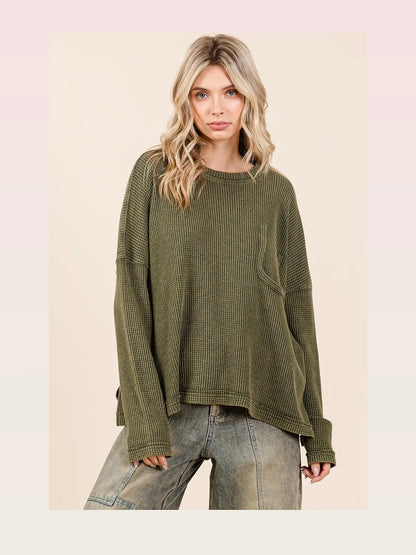 Mineral Wash Cutout Pocket Long Sleeve Waffle Top — styled showcase — Livostyle
