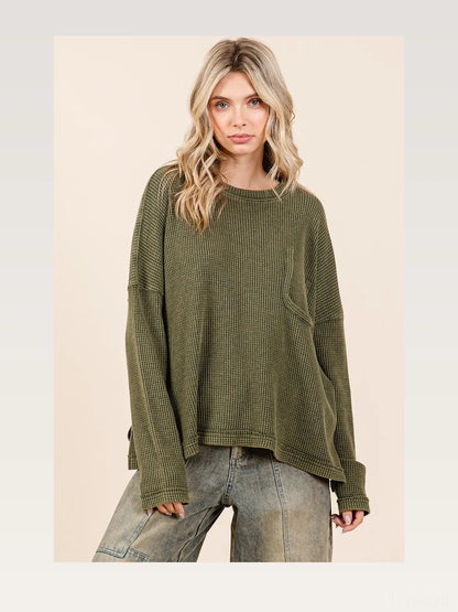 Mineral Wash Cutout Pocket Long Sleeve Waffle Top — styled showcase — Livostyle
