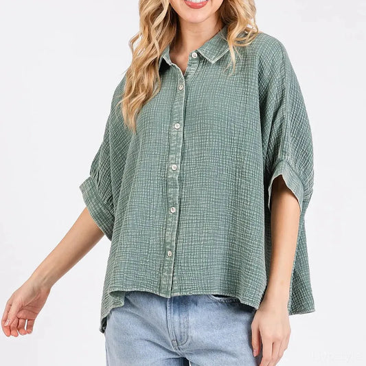 Mineral Wash Gauze Dolman Sleeve Button Down Shirt in Dusty  — square view — Livostyle