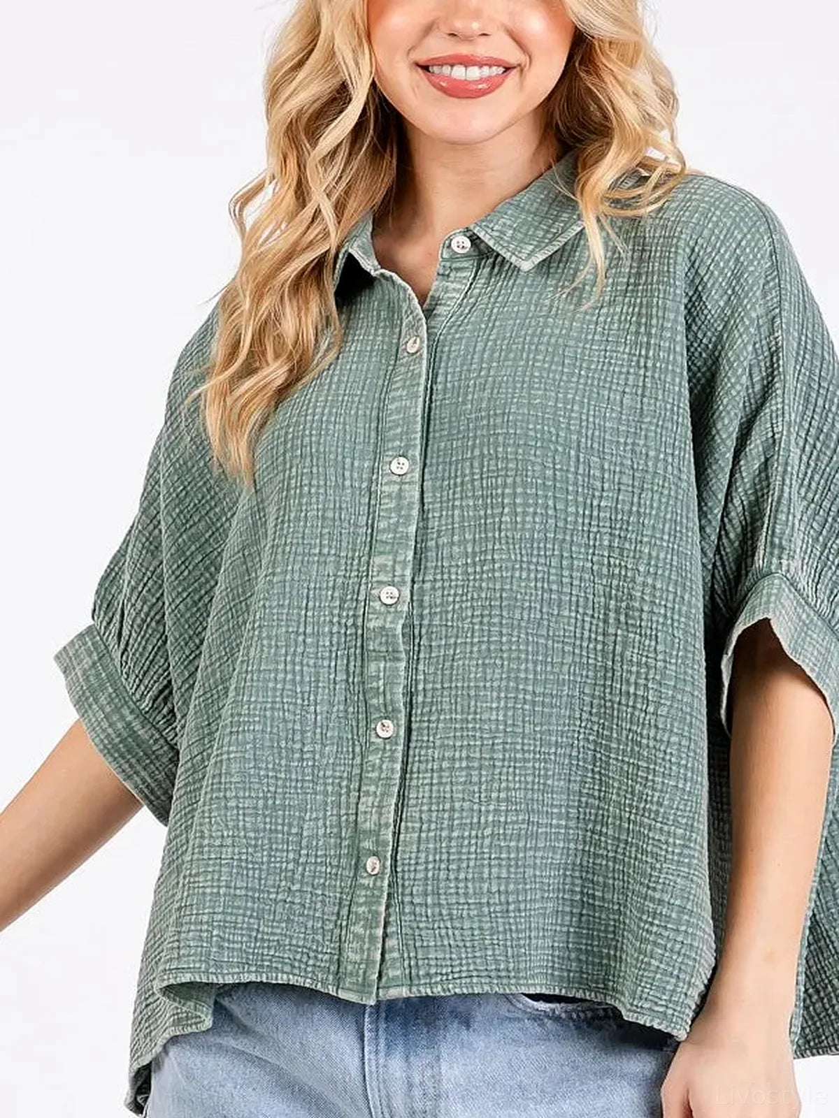 Mineral Wash Gauze Dolman Sleeve Button Down Shirt in Dusty  — detail view — Livostyle