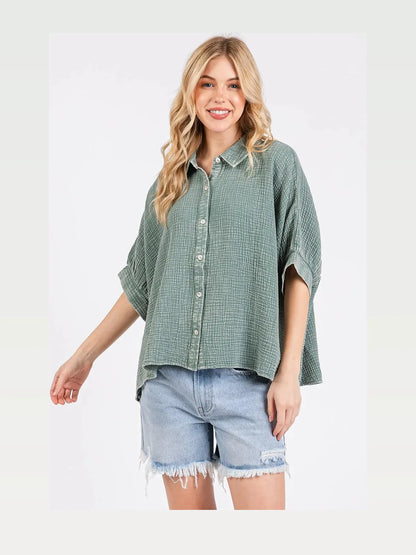 Mineral Wash Gauze Dolman Sleeve Button Down Shirt in Dusty  — styled showcase — Livostyle