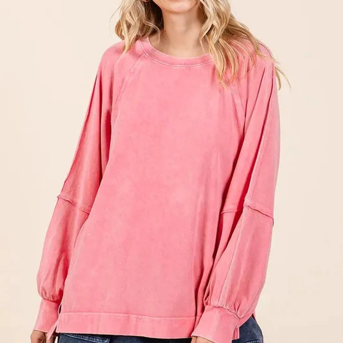 Mineral Wash Raglan Long Sleeve Oversized Top — square view — Livostyle