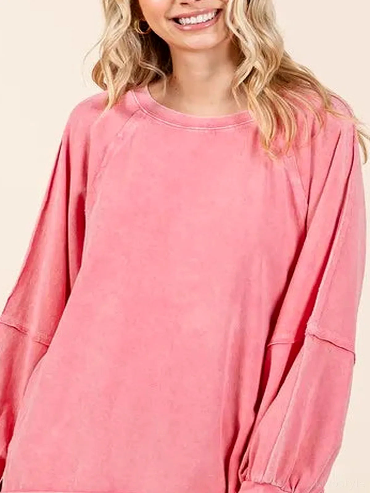 Mineral Wash Raglan Long Sleeve Oversized Top — detail view — Livostyle