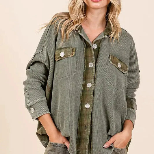 Mineral Washed Plaid Button Down Shacket — square view — Livostyle
