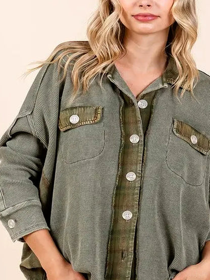 Mineral Washed Plaid Button Down Shacket — detail view — Livostyle