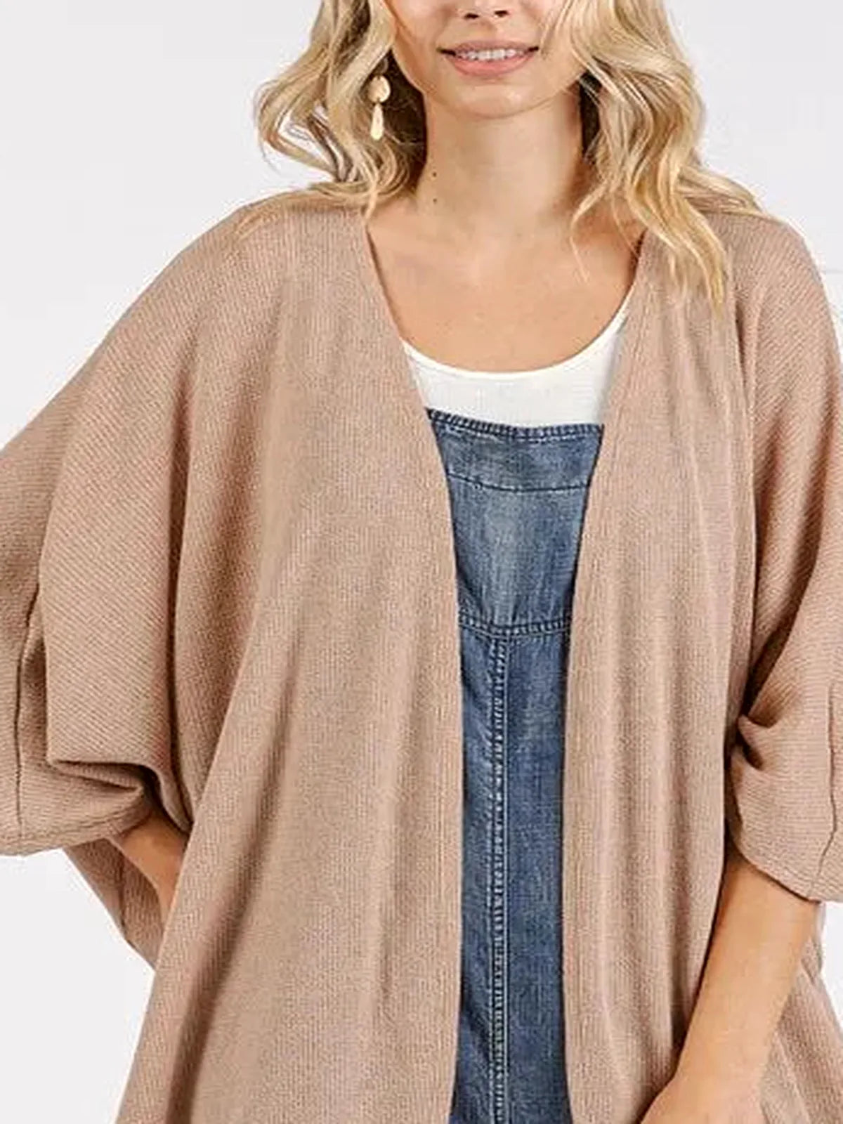 Open Front Batwing Sleeve Cardigan in Camel — detail view — Livostyle