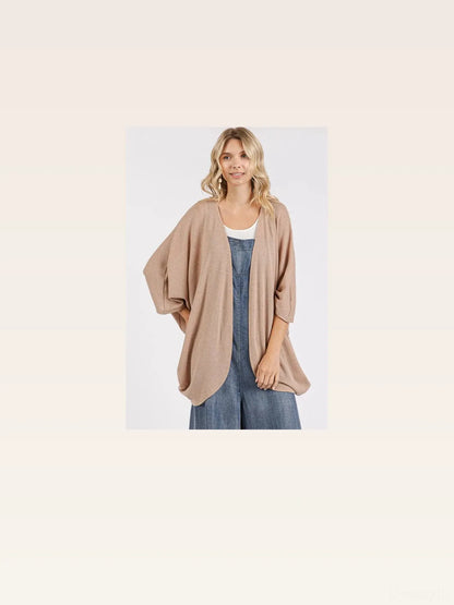 Open Front Batwing Sleeve Cardigan in Camel — styled showcase — Livostyle