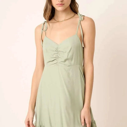 Ruched Detail Spaghetti Tie Mini Dress in Sage — square view — Livostyle