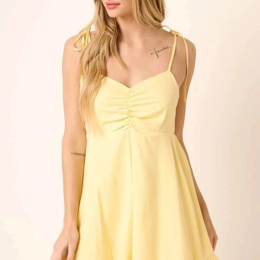 Ruched Detail Spaghetti Tie Mini Dress in Yellow — square view — Livostyle