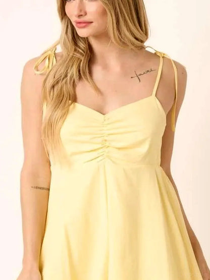 Ruched Detail Spaghetti Tie Mini Dress in Yellow — detail view — Livostyle