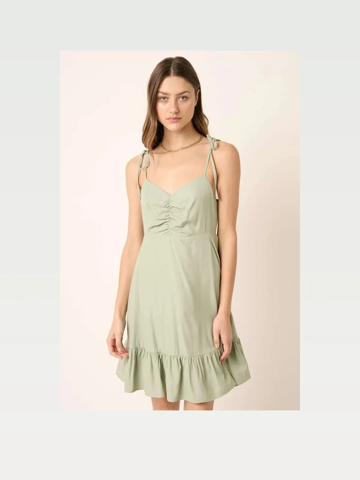 Ruched Detail Spaghetti Tie Mini Dress in Sage — styled showcase — Livostyle
