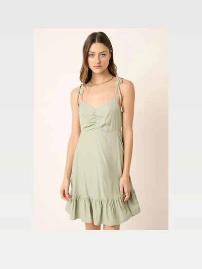 Ruched Detail Spaghetti Tie Mini Dress in Sage — styled showcase — Livostyle