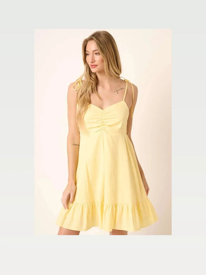 Ruched Detail Spaghetti Tie Mini Dress in Yellow — styled showcase — Livostyle