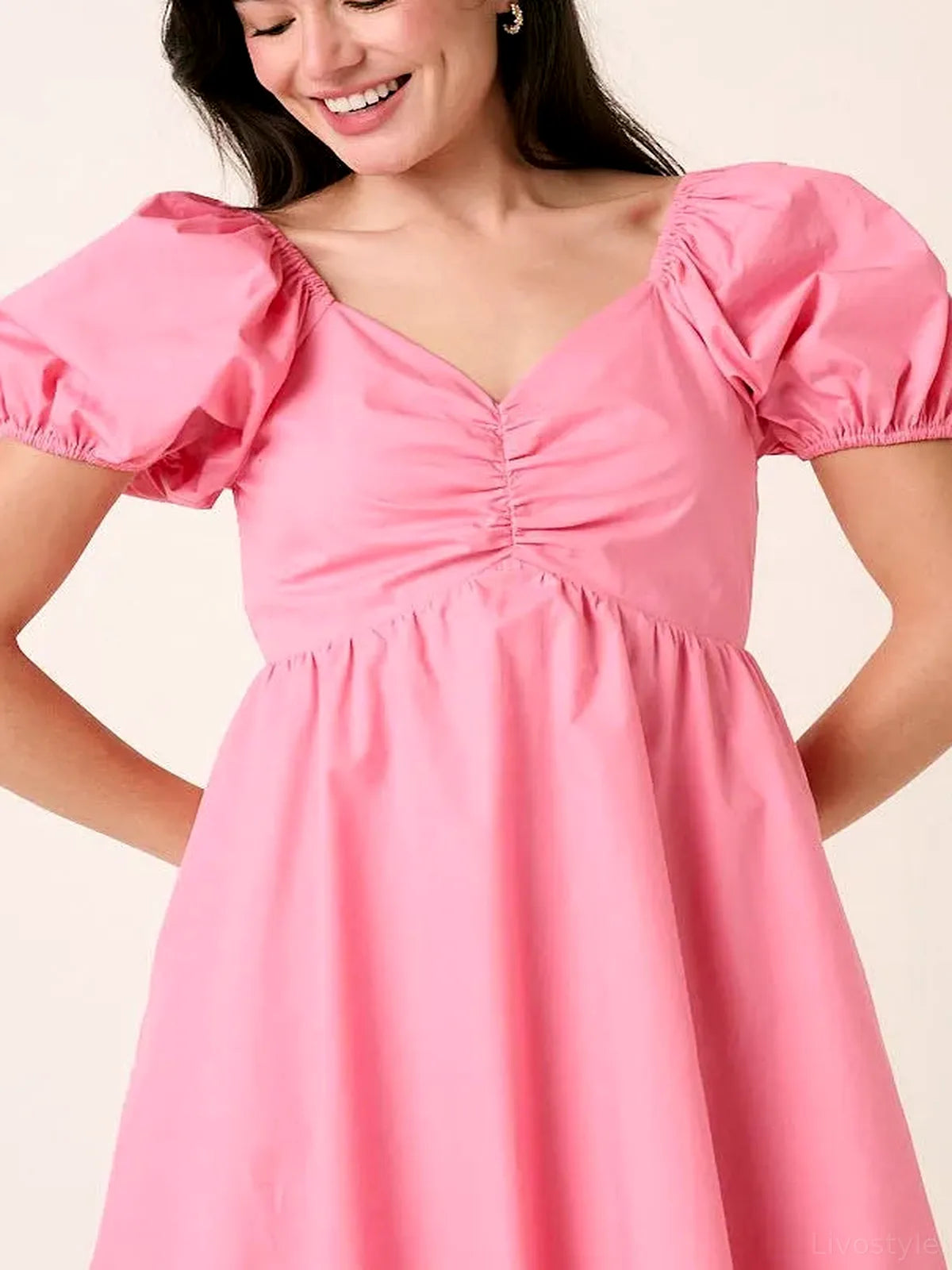 Sweetheart Puff Sleeve Smocked Mini Dress — detail view — Livostyle