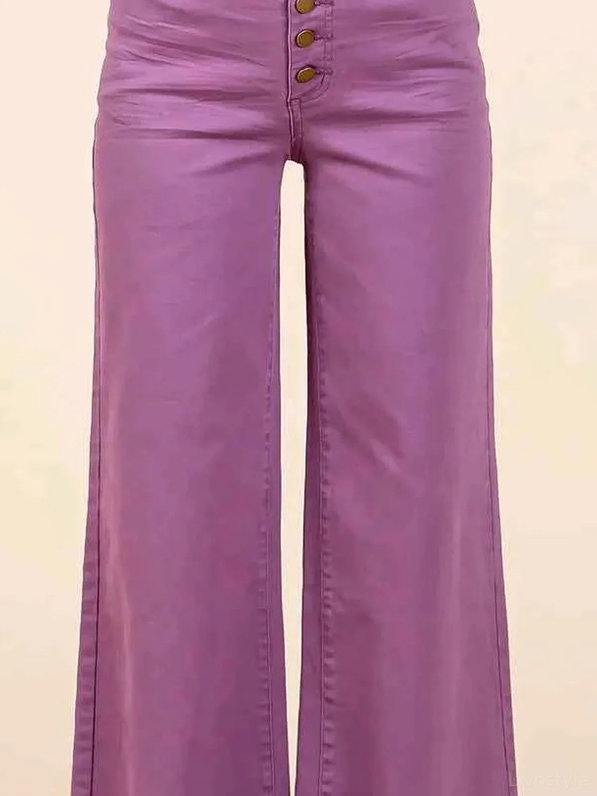 High Waist Wide Leg Twill Pants with Button Fly — detail view — Livostyle