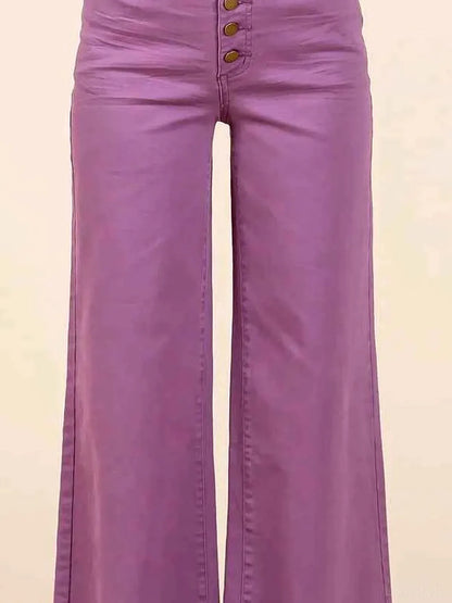 High Waist Wide Leg Twill Pants with Button Fly — detail view — Livostyle